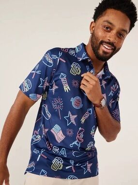 Chubbies UPF 50 Sun Protection Navy Short-Sleeve Polo with Neon Patriotic Icons